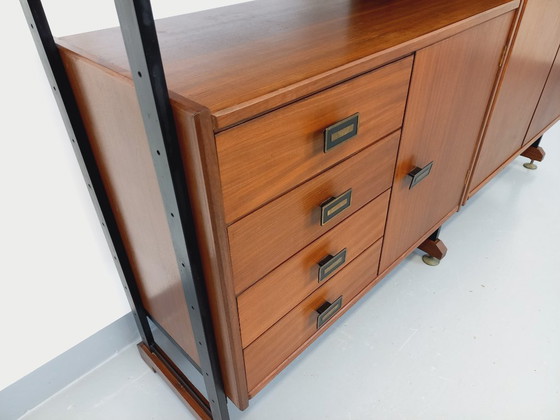 Image 1 of Vintage Italian teak and metal double modular bookshelf from the 60s
