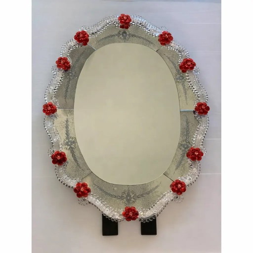 Venetian Murano Glass Oval Red Floral Wall Mirror – Hand-Carved Italian Art