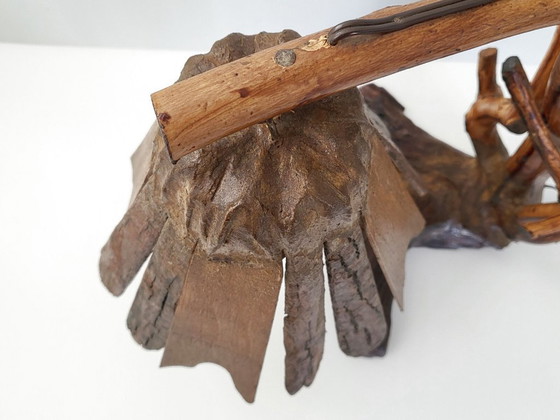 Image 1 of Vintage brutalistische tafellamp uit de jaren 70, gemaakt van organisch, plantaardig houtsnijwerk.