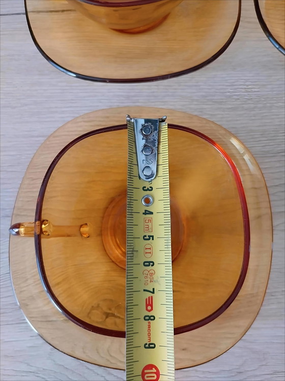 Image 1 of Vintage Vereco France Amber Glass Coffee Cups & Saucers — Set of 6
