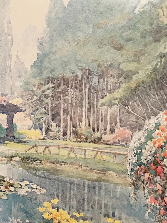 Image 1 of Peinture encadrée à l'aquarelle turquoise représentant un étang, par M. Marten