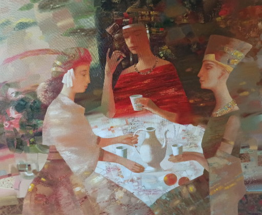 Dipinto ad olio originale, astratto figurativo, donne che prendono il tè – schilderijen tekeningen, Canvas