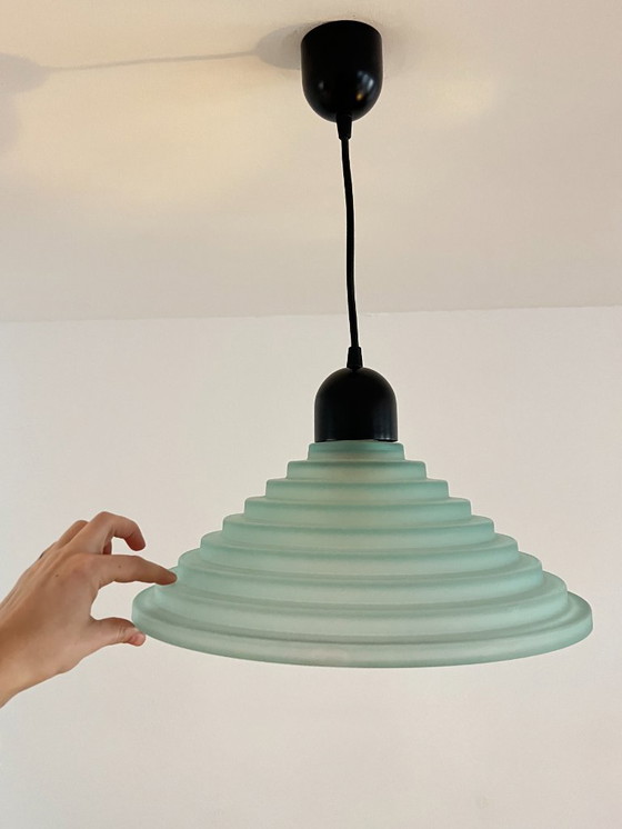 Image 1 of Suspension vintage en verre alvéolé vert turquoise, style postmoderne des années 1980