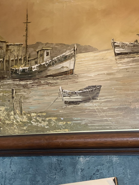 Port at Dusk - Superb Seascape - Oil on Canvas with Palette Knife (In the Spirit of the Cape Ann School) (photo 8 of 29)