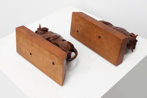 Image 1 of Coppia di fermalibri Art Déco in quercia a forma di toro, Francia, anni '30