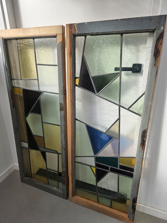 Set of antique Art Deco stained glass windows 50x130 cm., Decorative Objects, Metal, Wood, Multi Color (photo 3 of 14)