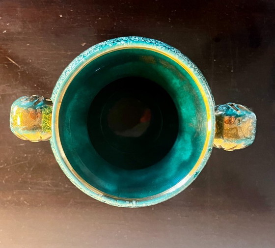 Image 1 of Vintage Vallauris Art Pottery Vase – Seafoam Glaze with Gilt Snail Handles | France, 1960s