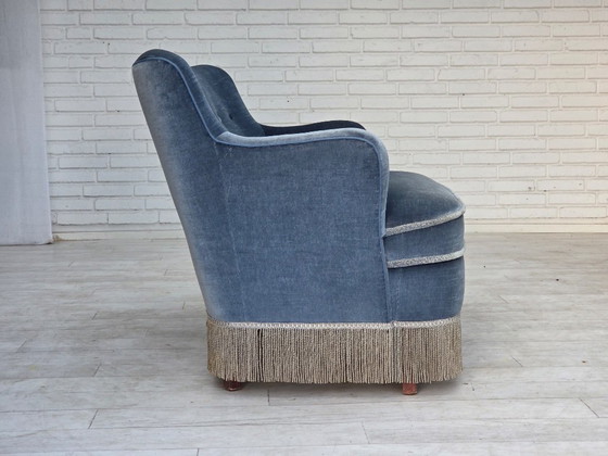 1970s, Danish 2-seater sofa, furniture velour, beech wood., 2 seaters, Velvet, Blue (photo 14 of 21)
