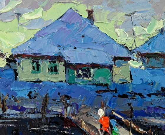 Image 1 of Original Oil Painting Winter River Landscape The evening light of the native house