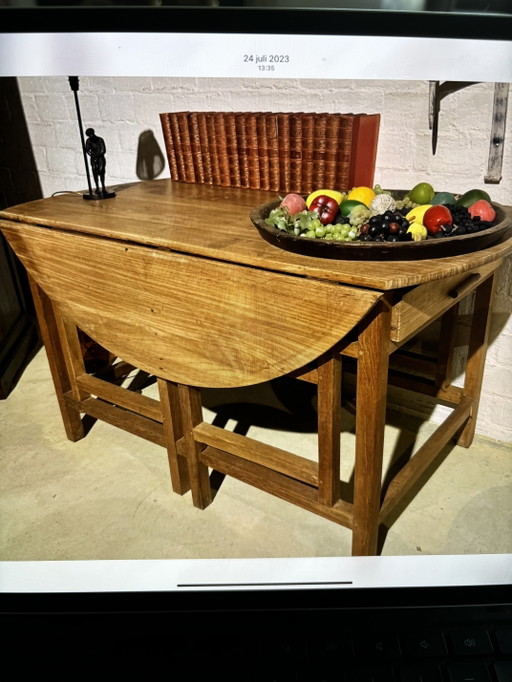 French Folding Table Circa 1920 With 2 Large Drawers, Diameter 150, Top Foldable In 3 Parts, Made Of Hardwood And Very Elegant.