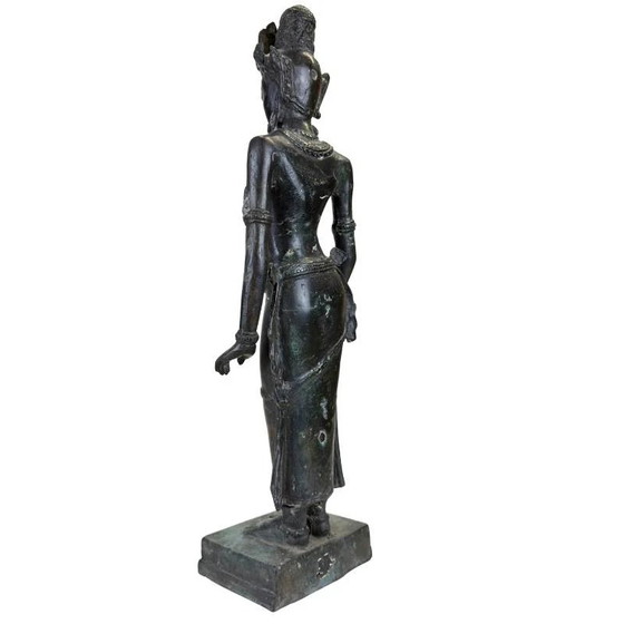 Estatua Devata de Bronce del Sudeste Asiático – Estilo Jemer – Restos de Antiguo Dorado de Templo (photo 6 of 10)