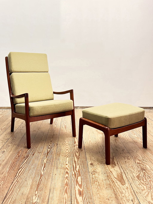 Fauteuil ou chaise facile et tabouret en teck à haut dossier, série Senator, design danois, par Ole Wanscher