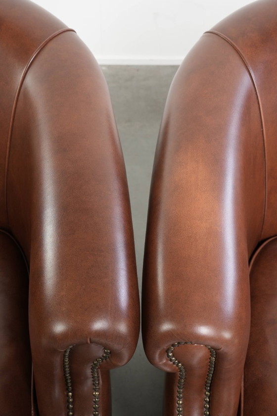 Image 1 of 4 poltrone club in pelle bovina in stile inglese color cognac scuro