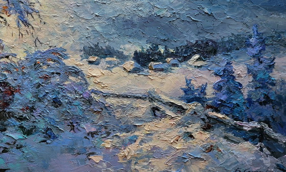 Original Oil Painting Evening Village Landscape In the Winter Mountains – Paintings & Drawings, Canvas (photo 7 of 7)