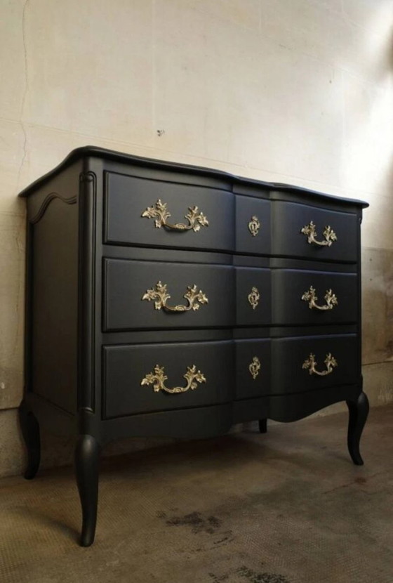 Vintage French commode, black chest of drawers with brass handles, Wood, Metal, Rococo (photo 2 of 5)