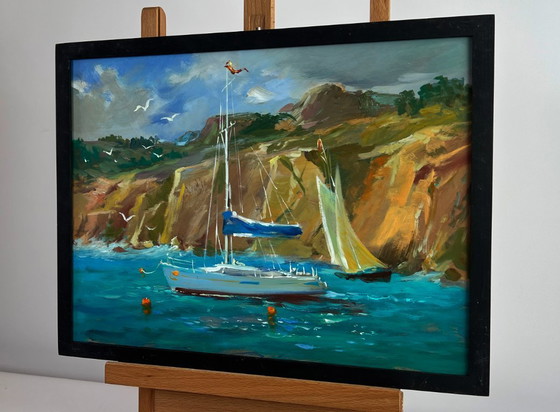 Image 1 of Original Oil Painting Sea Coastal Landscape Sailing away on a yacht