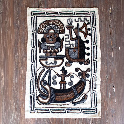 Tapiz latinoamericano vintage hecho a mano: arte popular maya y azteca, tapiz de pared bordado en lana