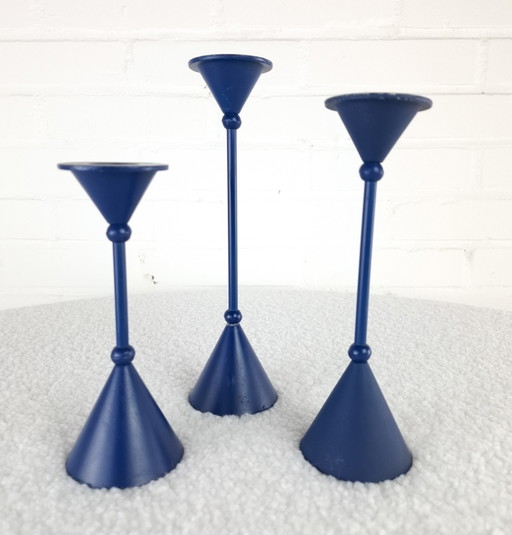 Set of 3 diabolo candlesticks Memphis Milano 1980s blue
