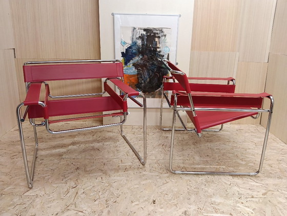 Image 1 of KNOLL Studio Set van 2 WASSILY B3 fauteuils (NIEUW) in rood leer