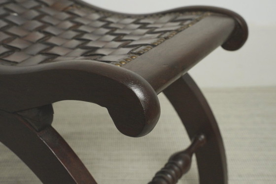 Spanish Revival Leather Stool Woven Leather Footstool Vintage Spanish Colonial Ottoman Rustic Wood Accent (photo 14 of 19)