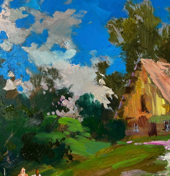 Image 1 of Original Oil Painting Summer Village Landscape Quiet Conversations of Girls