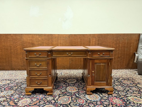 Classic English Desk Partnerdesk Red Leather – Wood (photo 3 of 19)