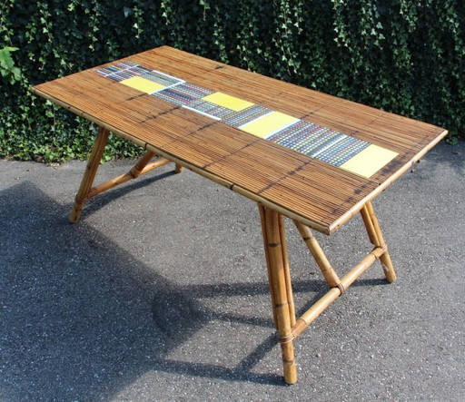 High table in ceramic and rattan by Audoux Minet and Roger Capron