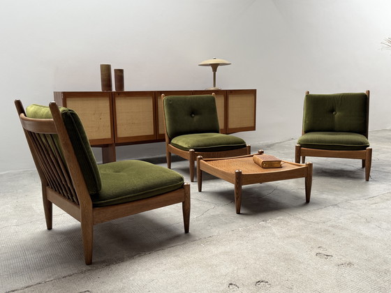 Image 1 of Set of 3 Wilhelm Knoll armchairs solid oak wood cord velvet dark green, Germany 1960s