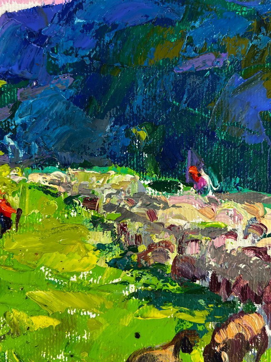 Image 1 of Peinture à l'huile originale représentant un paysage naturel de prairies au pied des montagnes