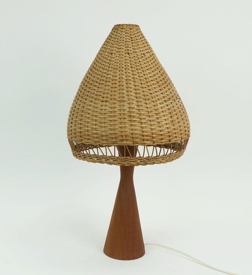 danish modern table lamp teak and rattan 1960s mid century wicker light