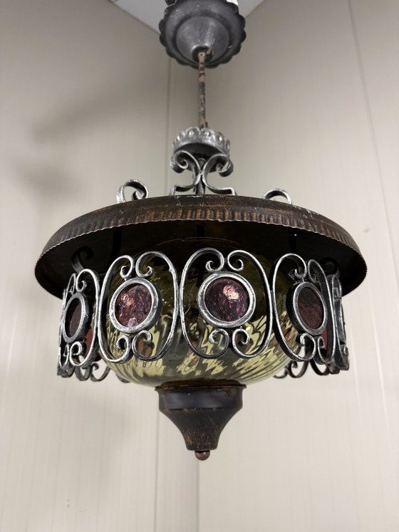 Brutalist iron and glass Pendant lamp 1960s, Metal, Brown, Vintage (photo 4 of 11)