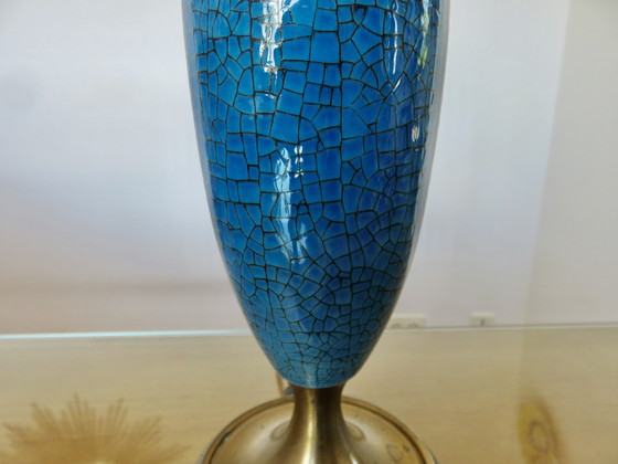 Image 1 of Lamp van blauw en brons craquelékeramiek, Frankrijk