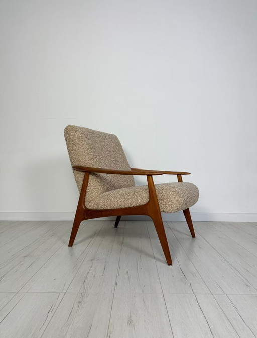 Vintage Minimalistic Teak Armchair with Bouclé 60s 70s