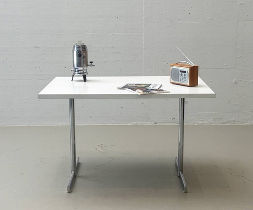 Tavolo da lavoro con struttura in acciaio cromato, anni '80/'90 – bureau, Wood, Chrome