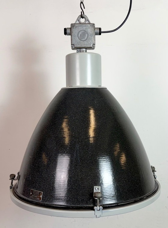 Image 1 of Large Industrial Black Enamel Factory Lamp with Glass Cover, 1960s