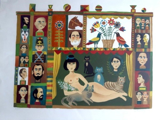 Lithografie von Jacques Margerin „Szene in einem Theater mit Katzen“