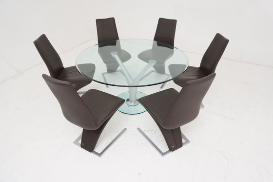 Image 1 of Tavolo da pranzo Rolf Benz 7800, 1210 sedie in pelle marrone, 6 pezzi
