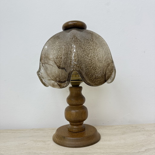 Lampe de table vintage brutaliste en verre avec base en bois de chêne massif, 1970