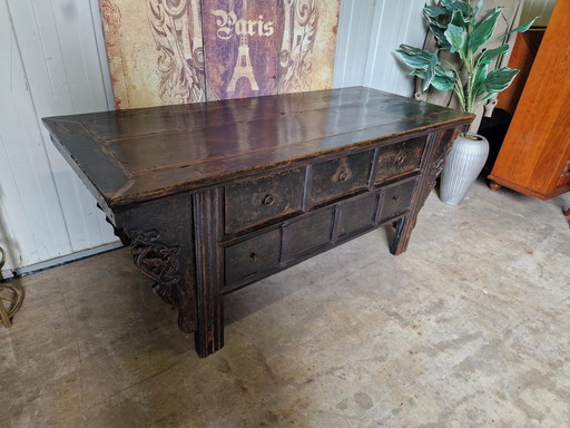 Antique Oriental altar, wall console side table, coffee table with 3 drawers dim. 70x164cm and 70cm high.