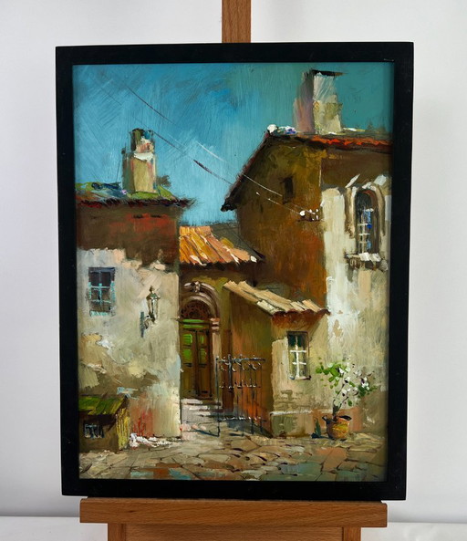 Original Oil Painting Summer Street Landscape Old house in the city