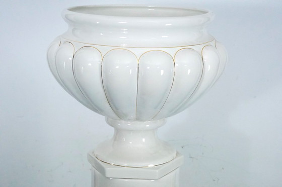 Image 1 of Tommaso Barbi Oversized White Ceramic Vase with Gold Details and Column, Italy 1970s