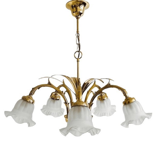 Vintage Mid-Century Kronleuchter aus Messing mit sechs Armen und Palmenblättern im Hollywood Regency-Stil der 1970er Jahre