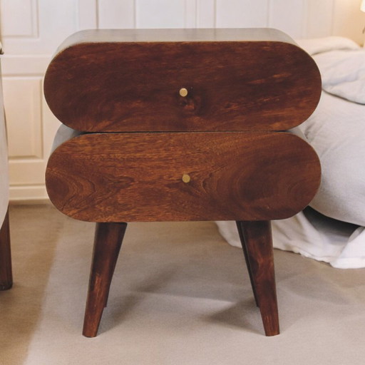 Table de nuit design en bois de manguier massif avec aspect bois de châtaignier