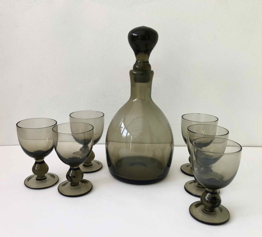 Caraffa e 6 bicchieri soffiati 1960