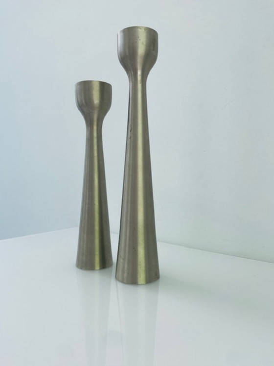 Image 1 of Scandinavian candlesticks of brushed steel – set of two