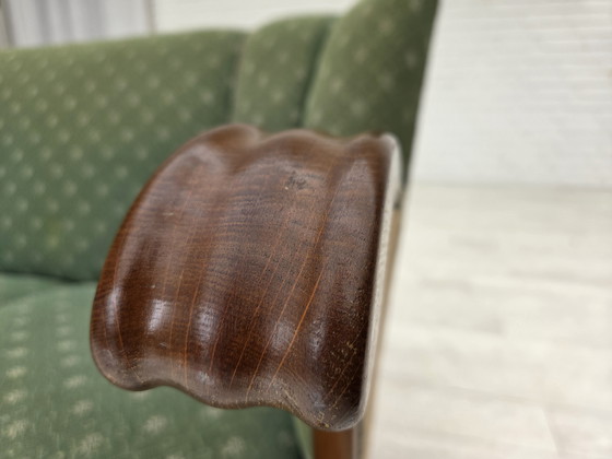 Image 1 of Años 50, sofá danés de 3 plazas, tejido de lana de mobiliario verde/beige, madera de roble.