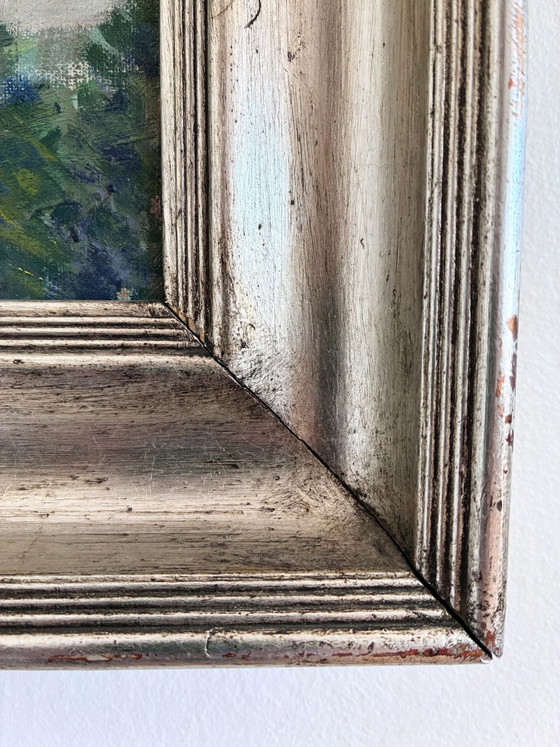 Image 1 of Peinture à l'huile originale vintage représentant un paysage champêtre.