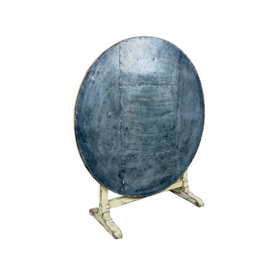 Image 1 of Antieke Franse inklapbare wijntafel met metalen blad – rustieke bistrot bijzettafel