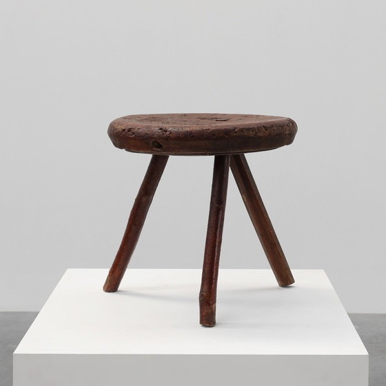 Image 1 of Rustic Wabi Sabi style solid oak tripod stool, France ca. 1850