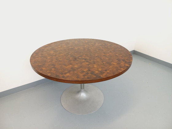 Image 1 of Vintage Round Tulip Dining Table by Dieter Wackerlin in Knoll Style from the 60s-70s in Wood Mosaic and Cast Aluminum